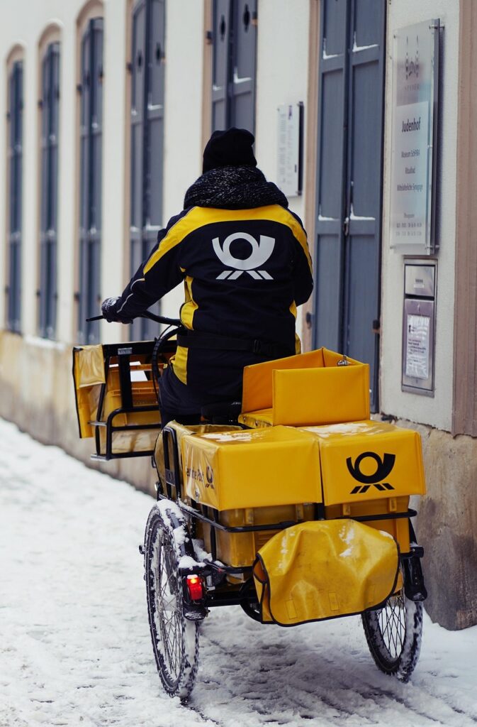 bicycle, delivery, snow, winter, bike, mail, letters, logistics, shipping, parcel shipping, package delivery, parcel delivery, parcel service, transport, dhl bike, german post, vehicle, road, nature, street