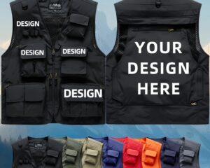 custom logo personalized work vest heavy duty multi pocket sleeveless vest for men, all season outdoor, construction, events durable polyester construction with zippered pockets corporate branding apparel (custom photo/text/logo) available i