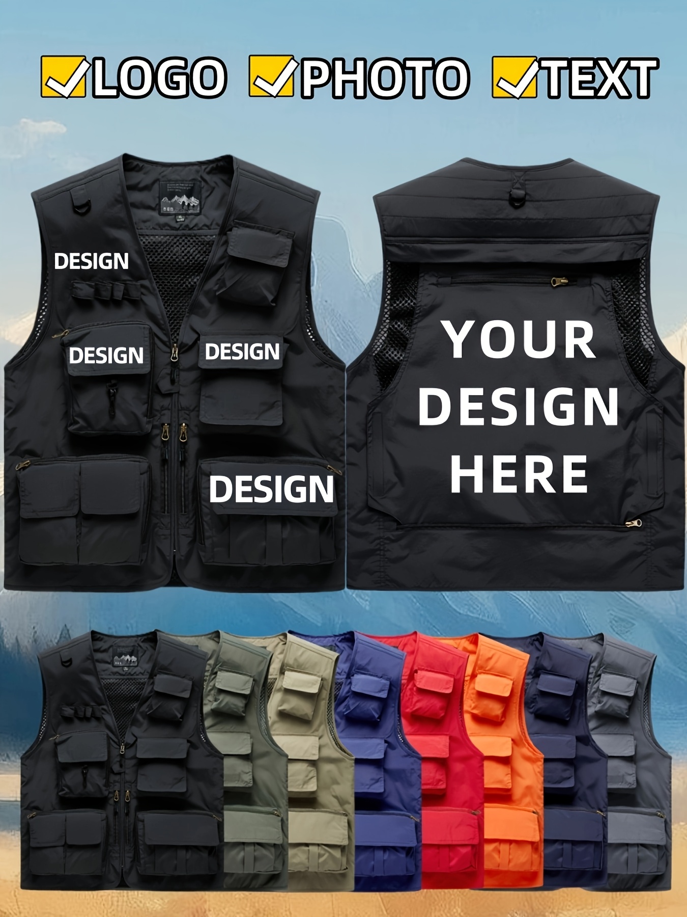 custom logo personalized work vest heavy duty multi pocket sleeveless vest for men, all season outdoor, construction, events durable polyester construction with zippered pockets corporate branding apparel (custom photo/text/logo) available i custom logo personalized work vest heavy duty multi pocket sleeveless vest for men, all season outdoor, construction, events durable polyester construction with zippered pockets corporate branding apparel (custom photo/text/logo) available i