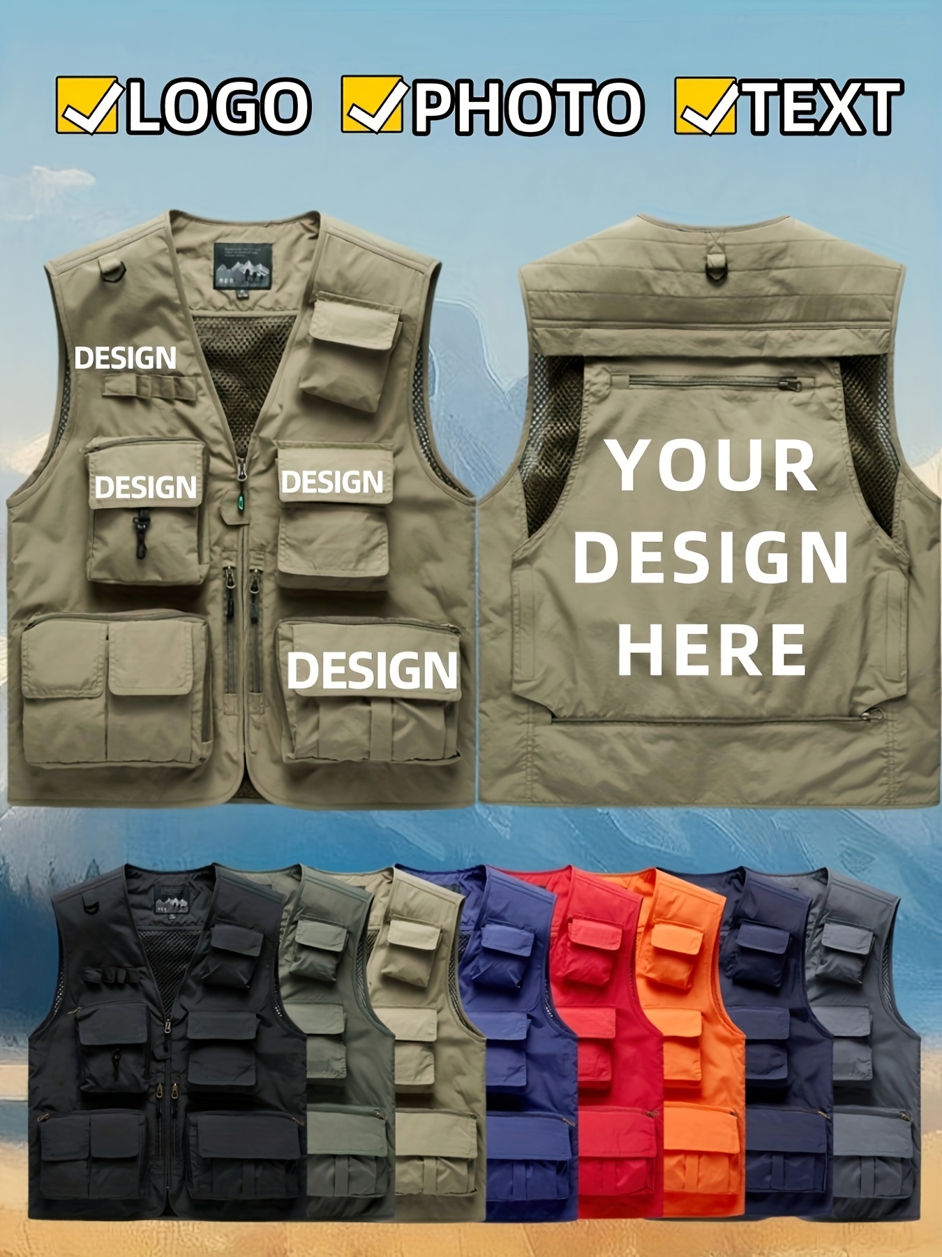 custom logo personalized work vest heavy duty multi pocket sleeveless vest for men, all season outdoor, construction, events durable polyester construction with zippered pockets corporate branding apparel (custom photo/text/logo) available i custom logo personalized work vest heavy duty multi pocket sleeveless vest for men, all season outdoor, construction, events durable polyester construction with zippered pockets corporate branding apparel (custom photo/text/logo) available i