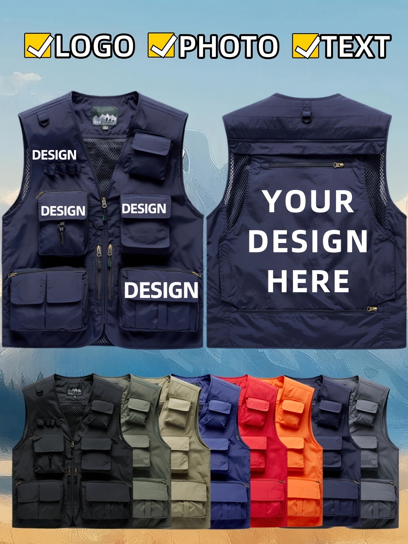 custom logo personalized work vest heavy duty multi pocket sleeveless vest for men, all season outdoor, construction, events durable polyester construction with zippered pockets corporate branding apparel (custom photo/text/logo) available i custom logo personalized work vest heavy duty multi pocket sleeveless vest for men, all season outdoor, construction, events durable polyester construction with zippered pockets corporate branding apparel (custom photo/text/logo) available i