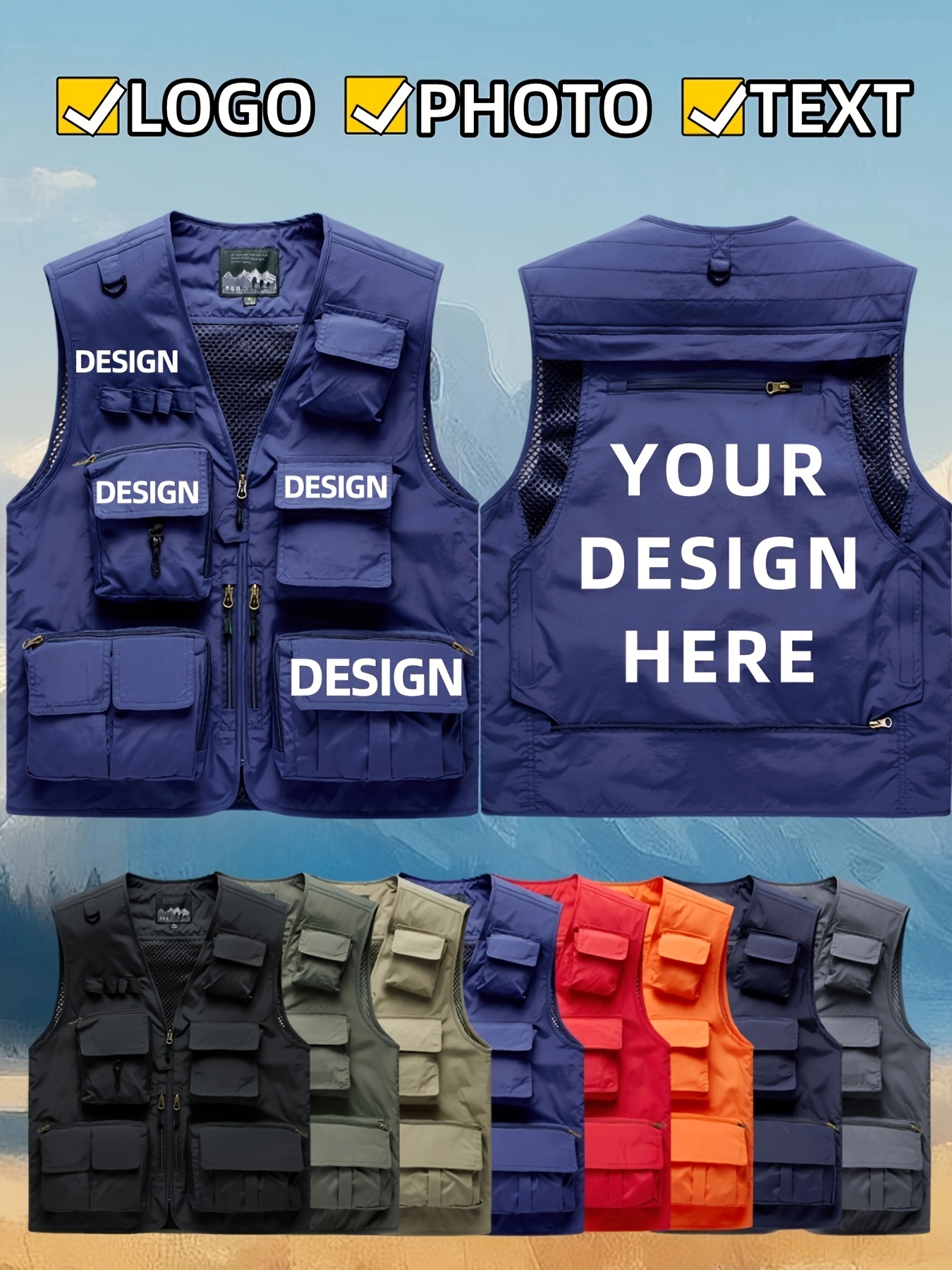 custom logo personalized work vest heavy duty multi pocket sleeveless vest for men, all season outdoor, construction, events durable polyester construction with zippered pockets corporate branding apparel (custom photo/text/logo) available i custom logo personalized work vest heavy duty multi pocket sleeveless vest for men, all season outdoor, construction, events durable polyester construction with zippered pockets corporate branding apparel (custom photo/text/logo) available i