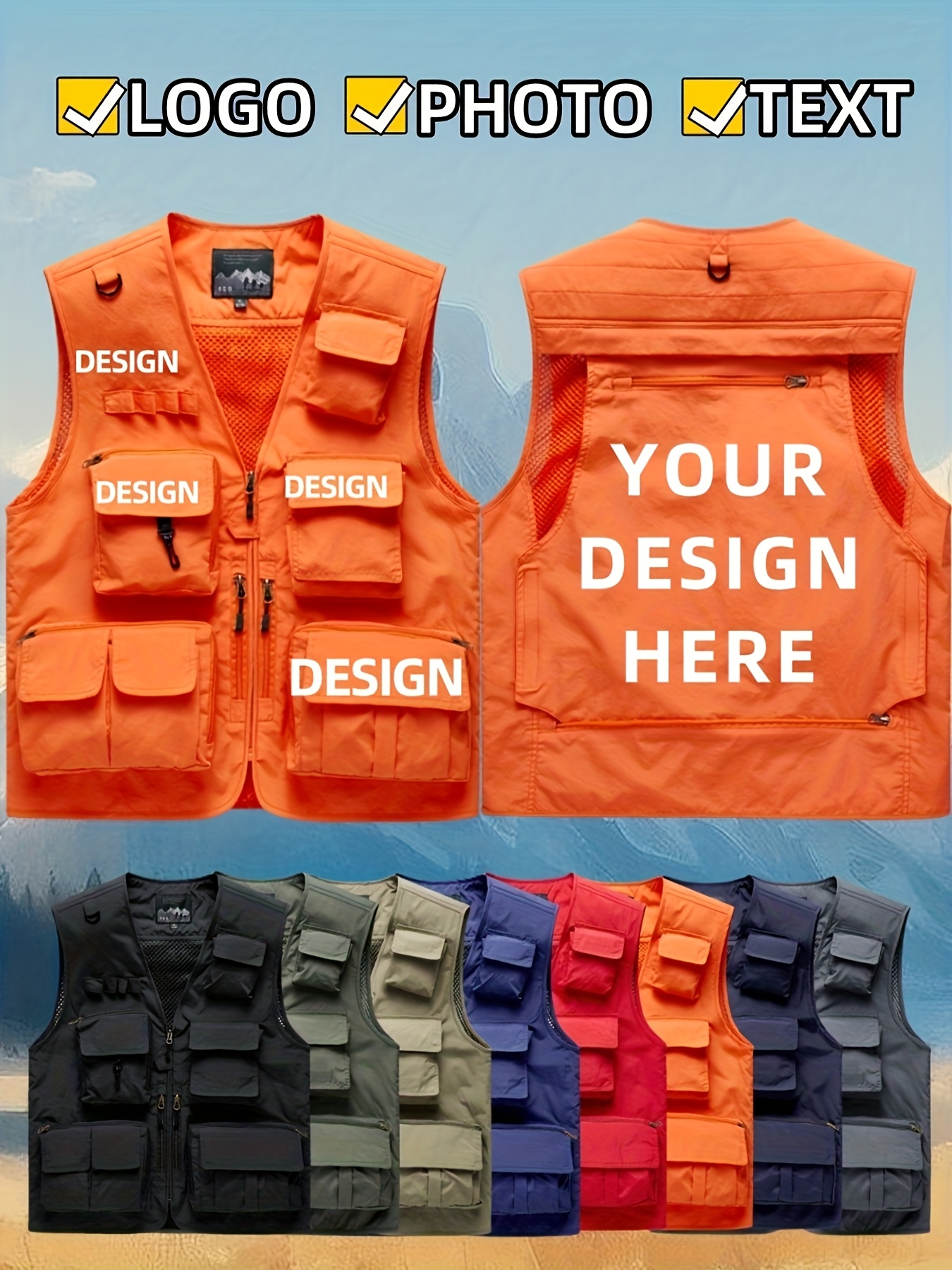 custom logo personalized work vest heavy duty multi pocket sleeveless vest for men, all season outdoor, construction, events durable polyester construction with zippered pockets corporate branding apparel (custom photo/text/logo) available i custom logo personalized work vest heavy duty multi pocket sleeveless vest for men, all season outdoor, construction, events durable polyester construction with zippered pockets corporate branding apparel (custom photo/text/logo) available i