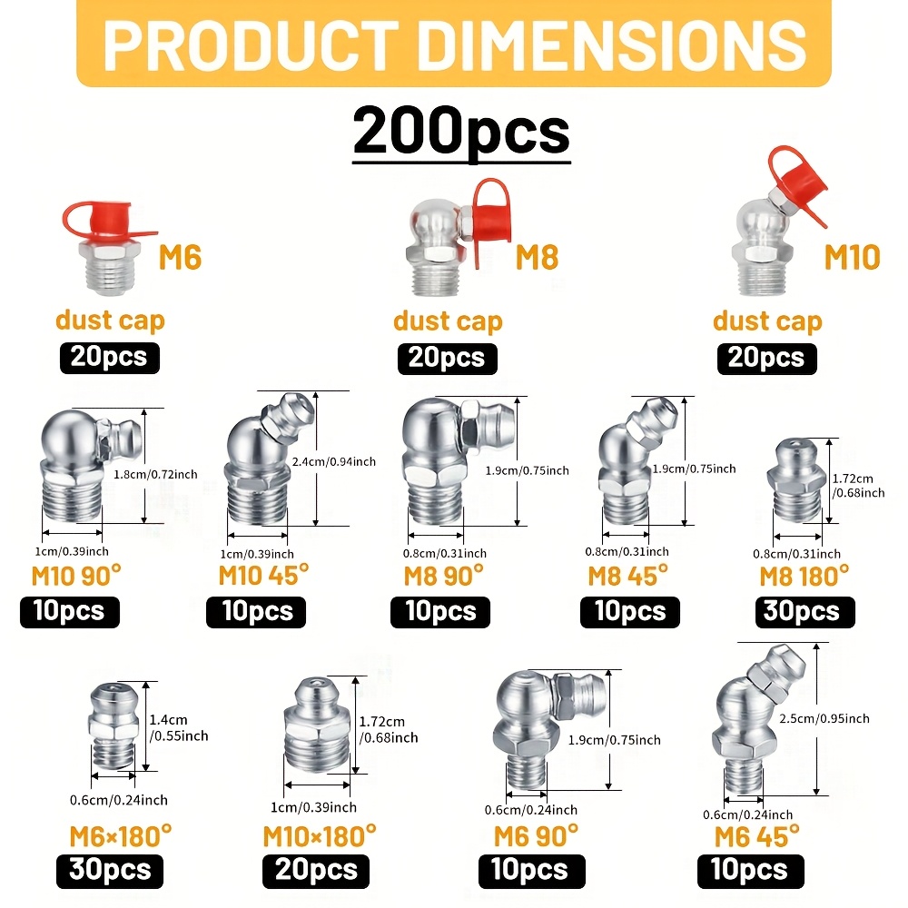 200pcs stainless steel grease nozzle set | m6, m8, m10 size, 200pcs stainless steel grease nozzle set | m6, m8, m10 size,